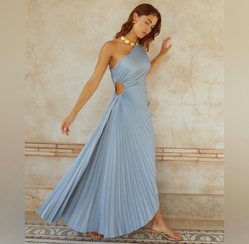 New O.P.T Perko blue pleated one shoulder dress sz XS $172